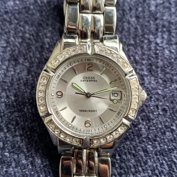 GUESS Waterpro Crystal Embellished Silvertone Sports Divers‎ Watch G75511M Guess Waterpro Watch Women Pave Silver Tone Date Round 100M  main image 2